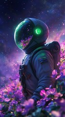Astronaut Among Neon Flowers in Space