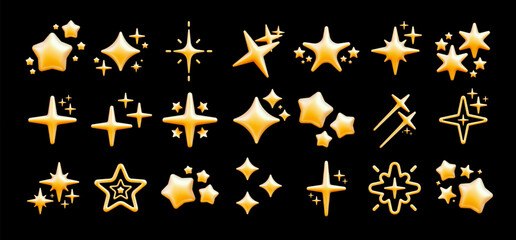 Pack of golden twinkle 3D stars. Cartoon realistic yellow plastic star, with four, five and six rays, magical sparkling lighting, different combinations. Vector collection