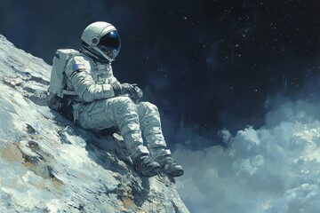 Lone Astronaut Gazes at Earth from Deep Space.