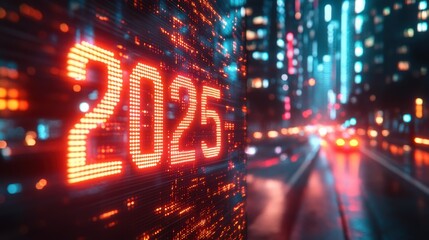 A neon sign reading “2025” on an evening street. Blured background.