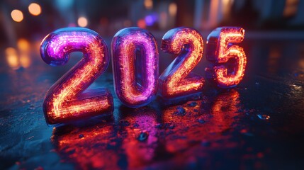 A neon sign reading “2025” on an evening street. Blured background.