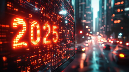 A neon sign reading “2025” on an evening street. Blured background.