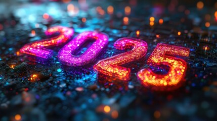 A neon sign reading “2025” on an evening street. Blured background.