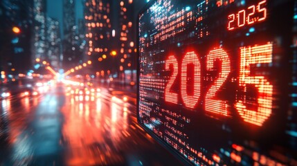 A neon sign reading “2025” on an evening street. Blured background.