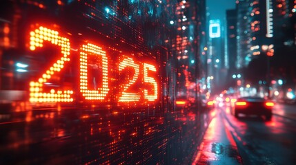 A neon sign reading “2025” on an evening street. Blured background.