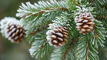 Frost-covered pinecones resting on snowy evergreen branches