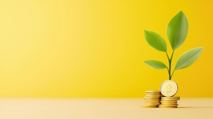 Growth of Investment: A Green Plant Emerging from a Stack of Coins on a Bright Yellow Background Symbolizing Financial Prosperity and Smart Portfolio Management Strategies