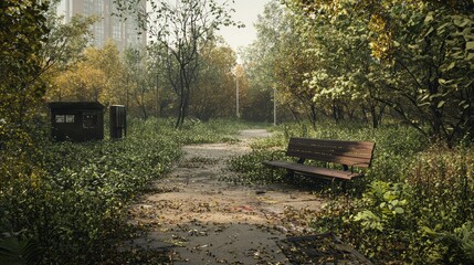 The Eerie Beauty of Nature Reclaiming an Abandoned Urban Park - Ultra-Detailed Photograph Capturing Overgrown Paths and Rusting Benches