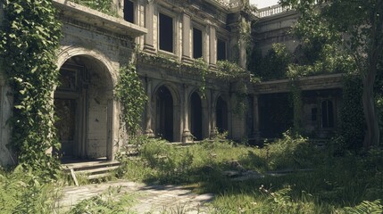Elegance in decay: Abandoned historic mansion reclaimed by nature | Ultra-Detailed Photo of Overgrown Gardens and Crumbling Architecture