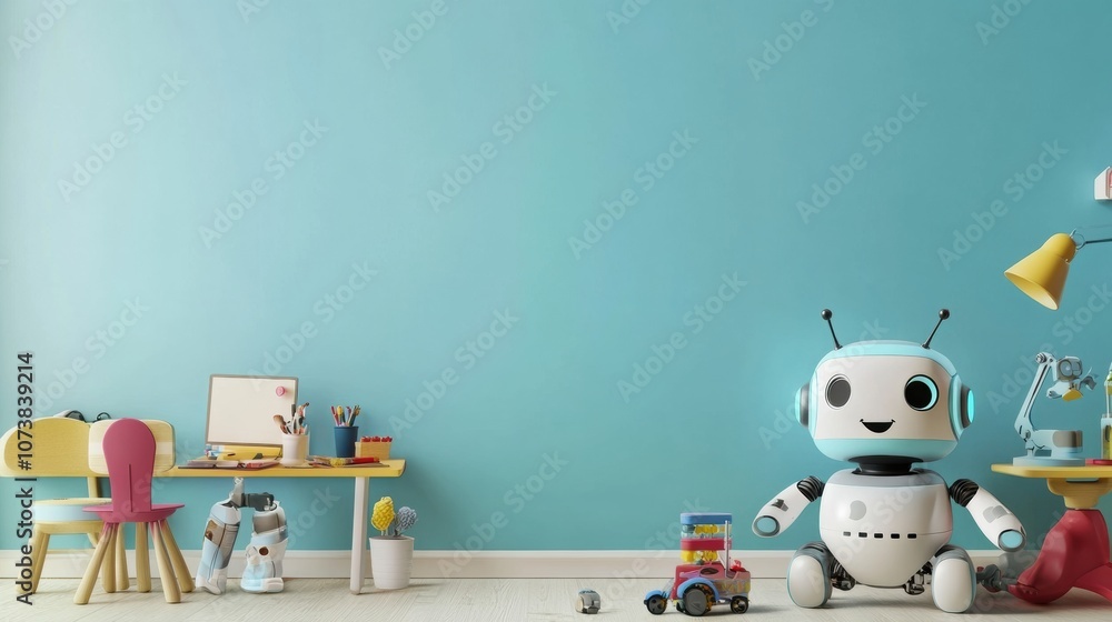 Poster a lively children's room features cheerful robot assistants, colorful furniture, and play items, cre