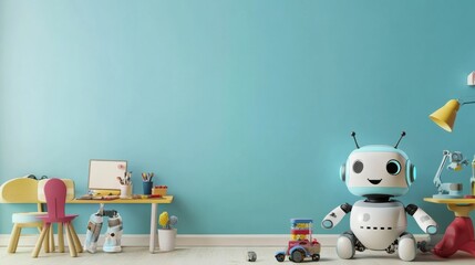 A lively children's room features cheerful robot assistants, colorful furniture, and play items, creating an inviting atmosphere for fun. Generative AI