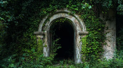 Fototapeta premium Nature's Embrace: Forgotten Railway Tunnel Overtaken by Vines Beckons Exploration with Ultra-Detailed Beauty