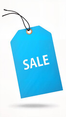 Blue sale tag hanging with text 'SALE' on white background