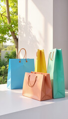 Stylish paper shopping bags in pastel colors arranged on table outdoors