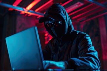 Faceless individual in a dark hoodie and mask is intently hacking a laptop under neon lights, presenting a cyber threat in a dark, moody setting