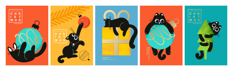 Merry Christmas and Happy New Year. Cute vector illustrations for greeting card, party invitation card, website banner, social media banner, marketing material.