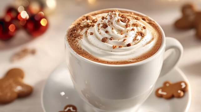 Gingerbread latte with a swirl of whipped cream and mini gingerbread cookie garnish, served on a holiday-themed saucer