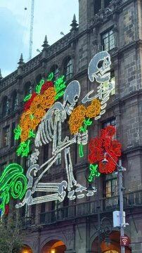 Skeleton Art on Building on Z&oacute;calo square at Day of the Dead Celebration