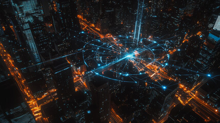Smart digital Innovation city Business skyscrapers in the Financial District  with connection network reciprocity over the cityscape at night time of future smart wireless social media networking 