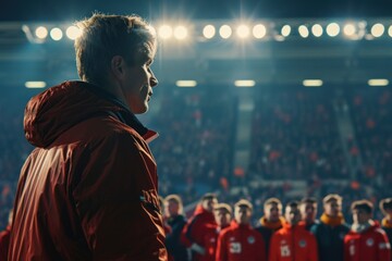 Soccer coach provides strategic guidance to focused players during a nighttime match as stadium lights create a dramatic atmosphere on the field