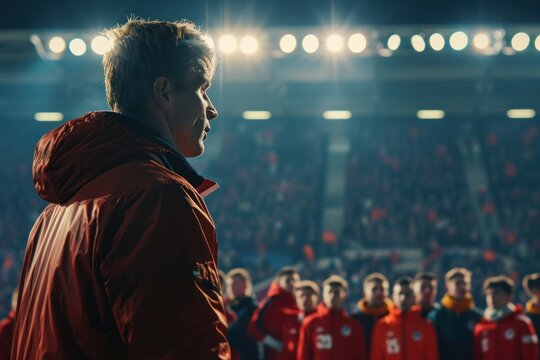 Soccer coach provides strategic guidance to focused players during a nighttime match as stadium lights create a dramatic atmosphere on the field