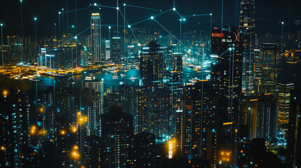 Naklejka premium Smart digital Innovation city Business skyscrapers in the Financial District with connection network reciprocity over the cityscape at night time of future smart wireless social media networking 