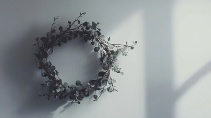 Elegant eucalyptus wreath hanging against a minimalist wall background