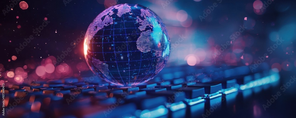 Poster illuminated globe on a computer keyboard with digital effects