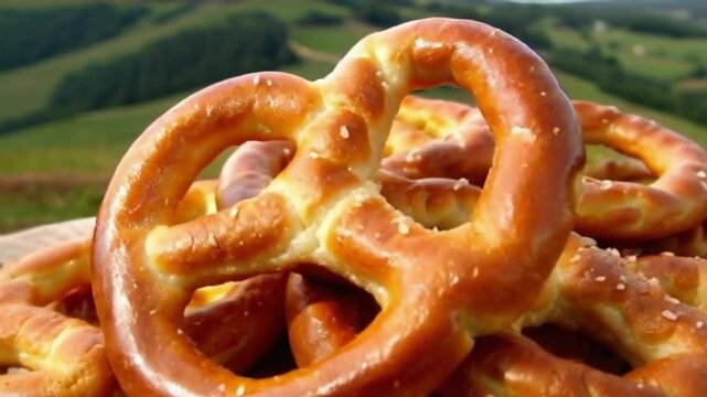 Close-up of soft pretzels with glistening salt, set against the tranquil Pennsylvania hills,Golden soft pretzels with salt crystals, rustic Pennsylvania countryside scene