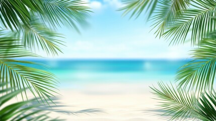 Fototapeta premium Tropical beach scene framed by lush green palm leaves, evoking a serene and relaxing atmosphere.