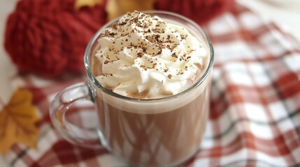 Irish coffee with whipped cream and a sprinkle of nutmeg, served in a glass mug on a plaid napkin