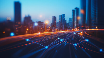 Obraz premium Smart digital Innovation city Business skyscrapers in the Financial District with connection network reciprocity over the cityscape at night time of future smart wireless social media networking 