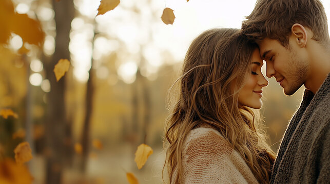 Young Couple Embracing in Autumn Forest Glade with Yellow Leaves