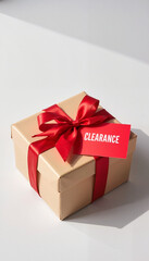 Obraz premium Gift box with a red ribbon and clearance tag on a white surface