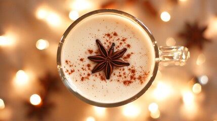 Vanilla chai tea latte with star anise, cinnamon, and nutmeg, in a glass mug with holiday lights around