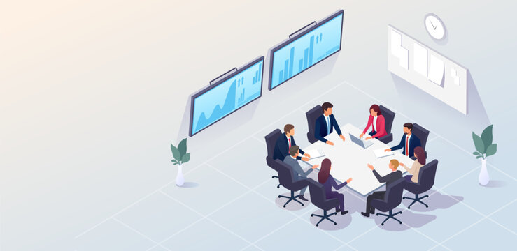 A group of professionals discussing in a meeting room with screens. Vector illustration