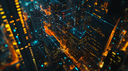 Obraz premium Smart digital Innovation city Business skyscrapers in the Financial District with connection network reciprocity over the cityscape at night time of future smart wireless social media networking 