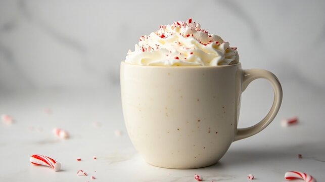 White chocolate peppermint mocha topped with whipped cream and crushed candy cane, presented in a festive mug