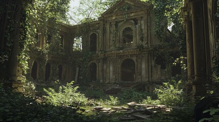 Fototapeta premium Elegance Fading: Abandoned Historic Mansion Overtaken by Nature - Ultra-Detailed Photo of Crumbling Estate with Overgrown Gardens