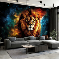 Vibrant Cosmic Galaxy Setting Majestic Lion Bold Colors Wallpaper