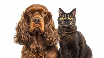 The Russian Spaniel stands proudly beside a sleek black cat, both animals exuding charm and curiosity. Their contrasting fur colors highlight their distinct features