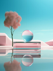 Minimalistic scene with a pink tree and a glass sphere reflecting on a water surface under a blue sky