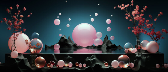 Abstract composition with pink bubbles, flowers, and mountains against a dark background