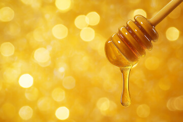 Golden Honey Dripping from Wooden Honey Stick with  Yellow Bright and Warm Background