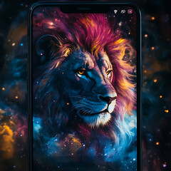 Majestic Lion Amid Cosmic Stars Vibrant Galaxy Wallpaper Design