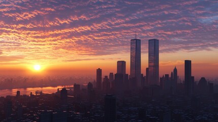 Fototapeta premium Majestic sunrise over a skyline featuring iconic towers, with vibrant colors illuminating the morning sky.