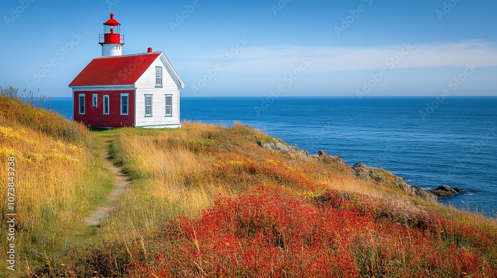 Aufkleber a red and white lighthouse on a cliff overlooking the ocean with a path leading to it.