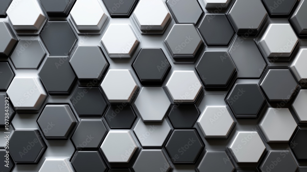 Poster a captivating arrangement of three-dimensional hexagonal patterns in varying shades of black, white,