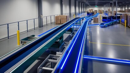 A modern warehouse interior featuring illuminated conveyor belts and stacked boxes, showcasing an efficient logistics setup.