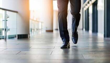 The feet of a businessman with a slim body wearing a black suit show walking in a modern office building